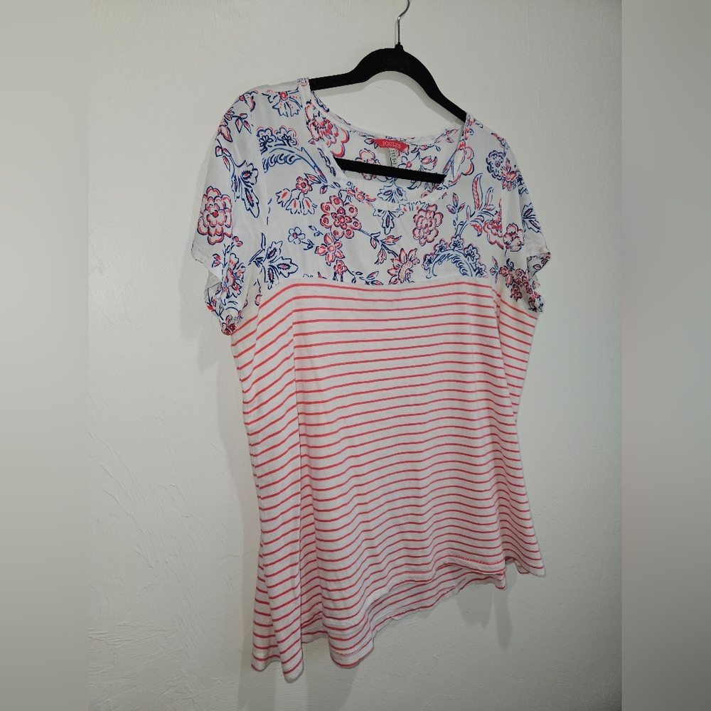 Joules Floral Stripe Short Sleeve Shirt Top Blouse Pink White Blue Women's 14 - Picture 3 of 12